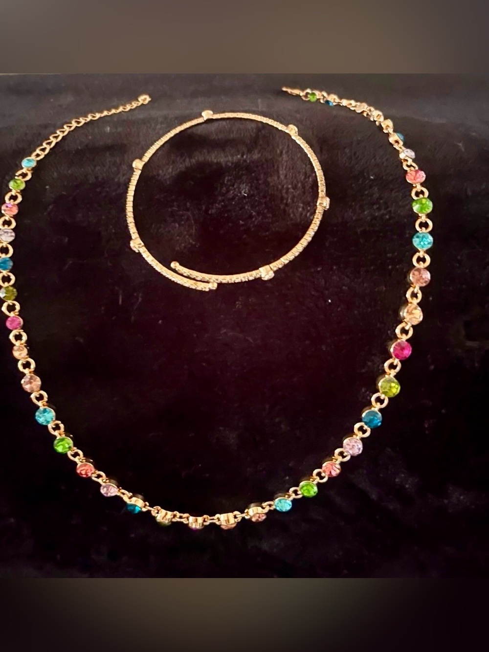 Set Gold-Tone Multicolor Gemstone Necklace and slap cuff bracelet